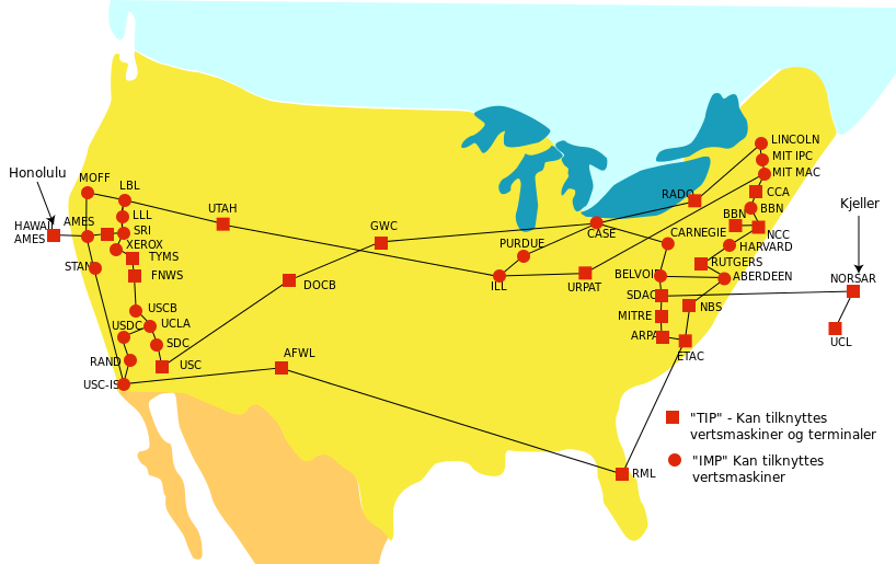 mapa de ARPAnat de los Estados Unidos en 1974