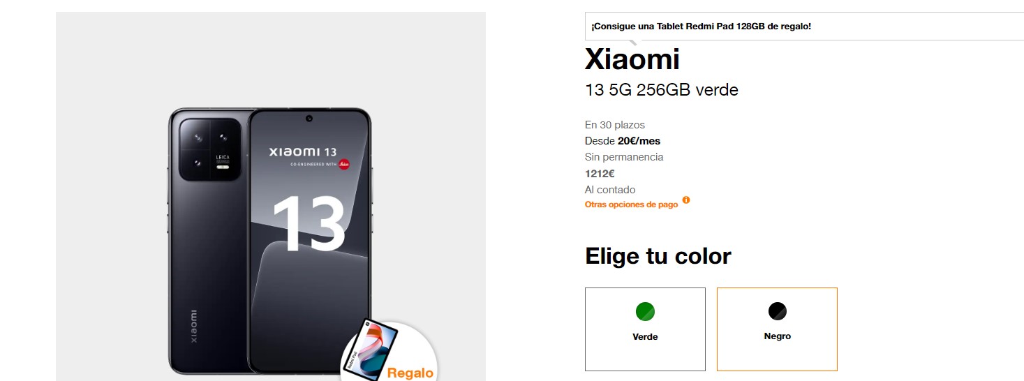 El Xiaomi 13 5G 256GB, disponible en negro o en verde, en Orange